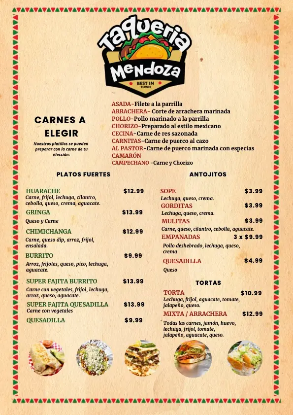 menú taqueria mendoza
